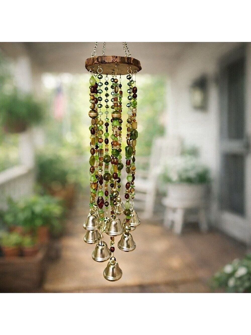 Handmade Beaded Wind Chime Wood Glass Stone Crystal Bells